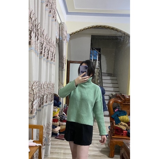 Áo len form ngắn size bé cổ lọ xanh ngọc hàn quốc
