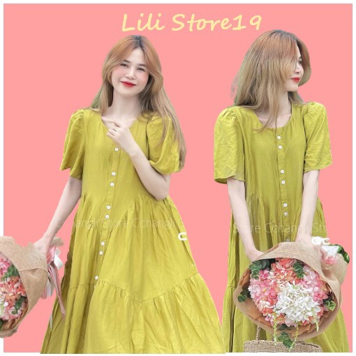 🥑 Váy Tay Bồng Babydoll Xếp Tầng Xanh Bơ Hottrend🥑Váy Dáng Dài Xanh Cốm
