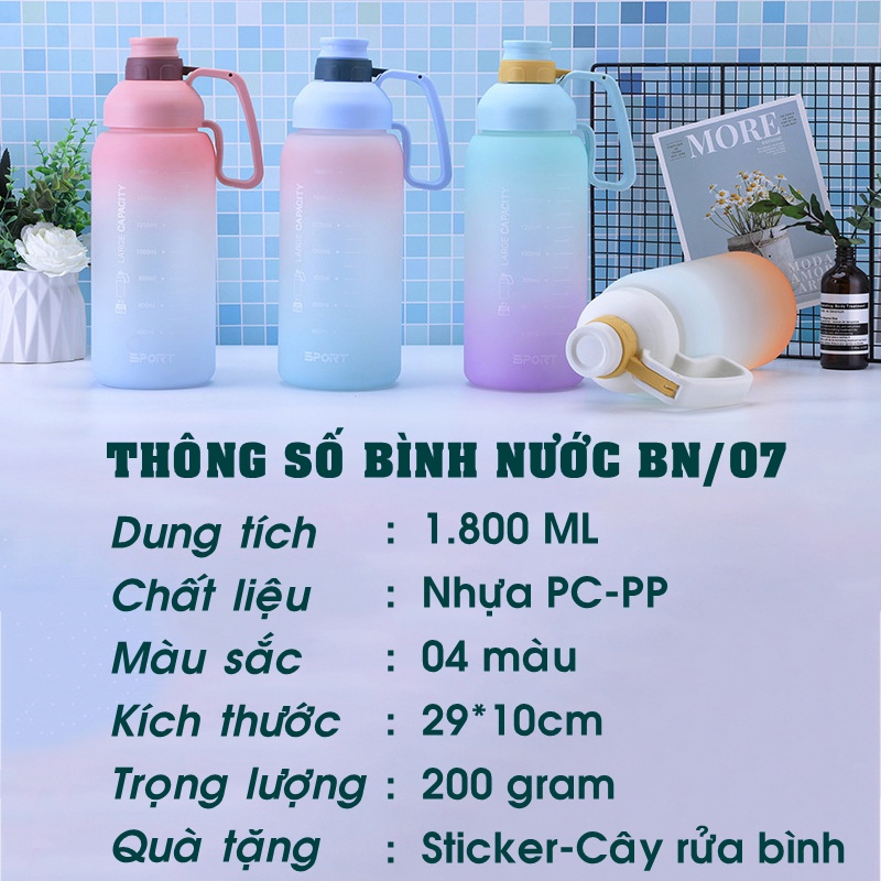 Bình Nước Thể Thao Tập Gym BN/07, Bình Đựng Nước Giữ Nhiệt Nóng Lạnh 1.8 Lít Tập Thể Dục Có Vạch Báo Giờ Uống Nước Cute