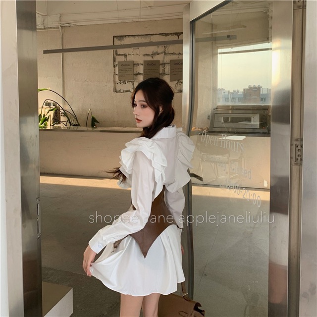 JANE’S Set đầm sơ mi trắng + Đai eo thắt lưng Hàn Quốc Vintage sang trọng thời thượng
