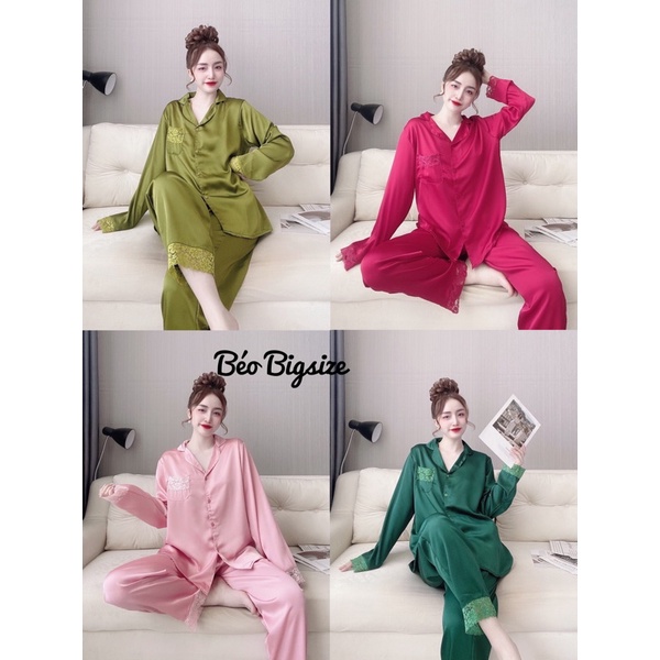 Đồ Bộ Pyjama Bigsize -Béo Bigsize Ngủ tay dai ren 50-100kg  Bigsize Cao Cấp Kiểu Dáng Đẹp Vải Satin Lạnh Mặc Cực Thích