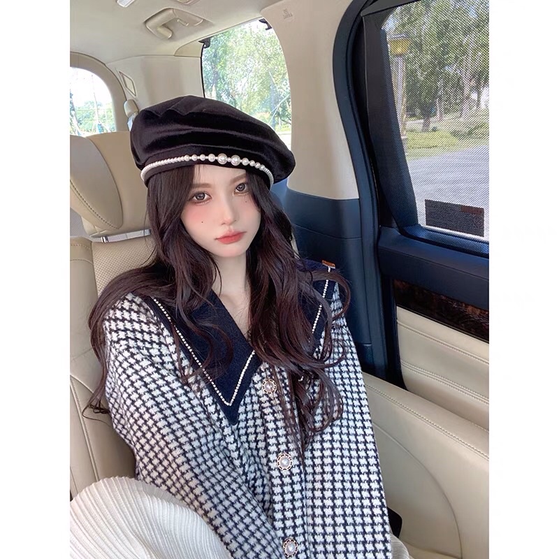 Áo khoác dạ lông cổ thuỷ thủ kẻ đen trắng cúc ngọc tiểu thư Ulzzang hot girl sang chảnh siêu xinh ❤️