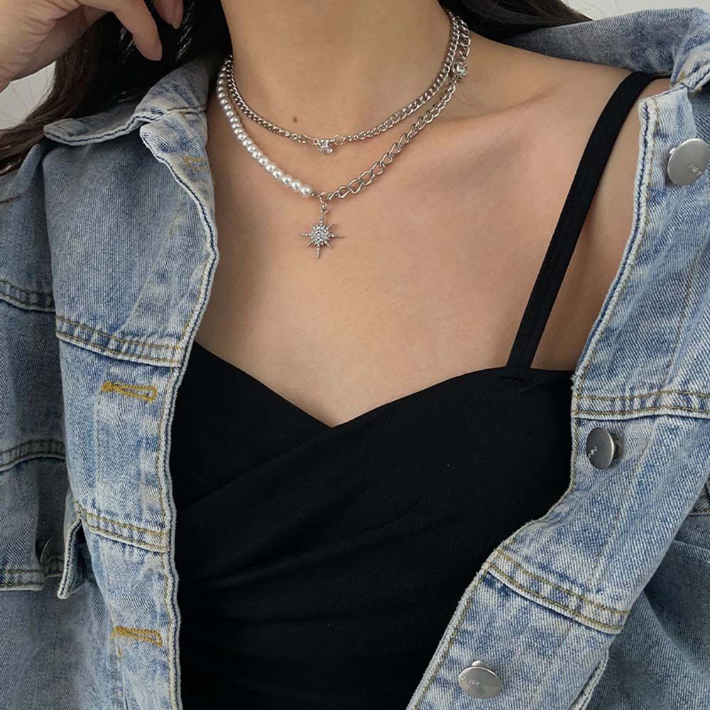 Vòng cổ choker hai lớp đính hạt ngọc trai hình ngôi sao phong cách Hàn Quốc cho nữ