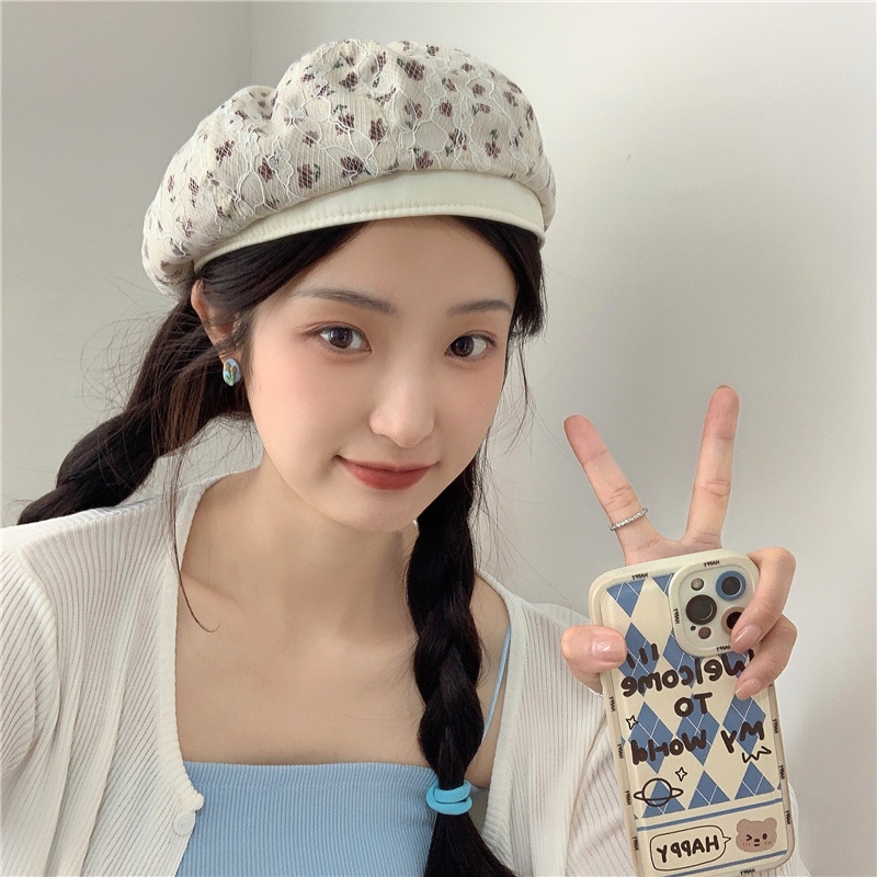 Mũ Beret Vải Ren Thêu Hoa Thoáng Khí Thời Trang Mùa Hè Xinh Xắn Cho Nữ