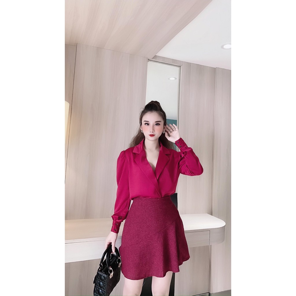 Chân váy chữ A, chất dạ tweed, da lộn, 2 lớp lót quần, màu đỏ/nâu | BigBuy360 - bigbuy360.vn
