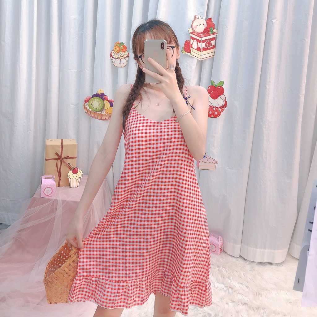 Đầm ngủ 2 dây kro 2 dây họa tiết caro 4 màu - Chất liệu siêu nhẹ cực mát ( khoen kro ) VD-04 | BigBuy360 - bigbuy360.vn