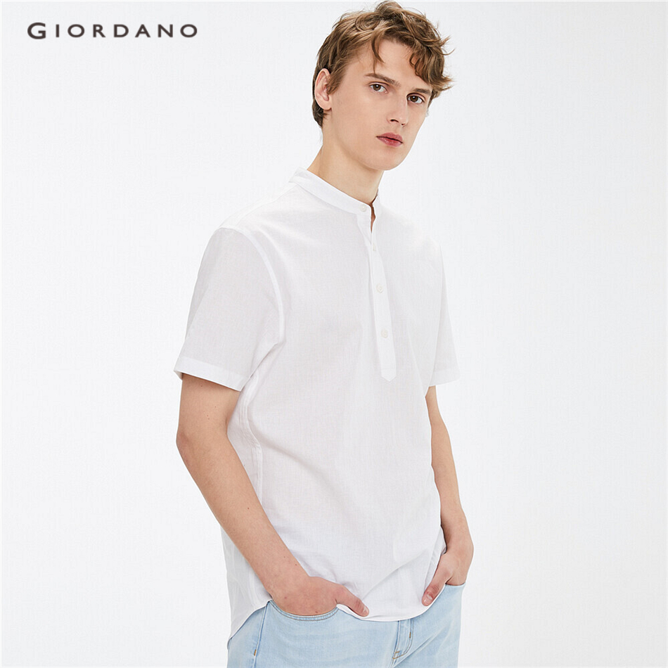 Áo Sơ Mi GIORDANO 01041481 Vải Cotton Lanh Cổ Đứng Cho Nam