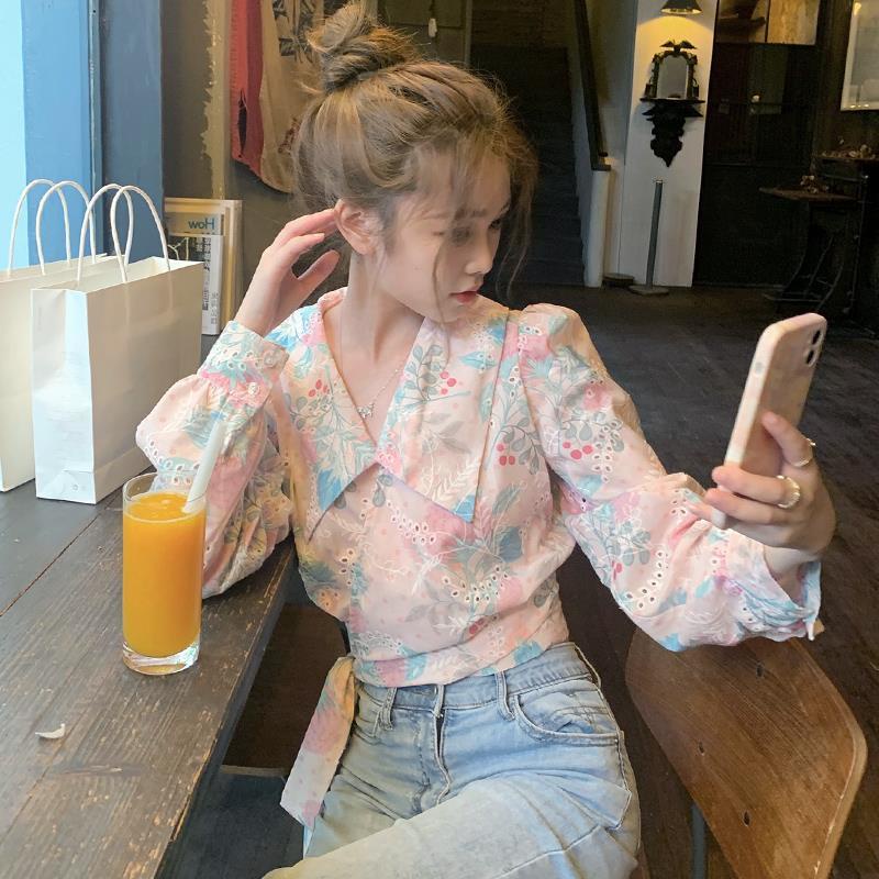 Áo sơ mi voan mỏng dáng ngắn họa tiết hoa thời trang mùa hè mới 2021 cho nữ