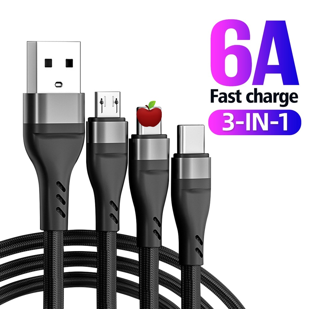 Dây Cáp Sạc Nhanh 6A 3 Trong 1 Chuyên Dụng Cho iPhone 13 12 11 Huawei Xiaomi Samsung