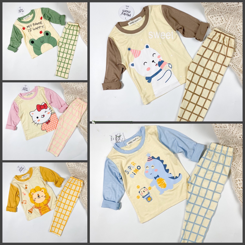 Bộ dài tay thun lạnh in hình động vật cùng quần caro đáng yêu cho bé 8-18kg