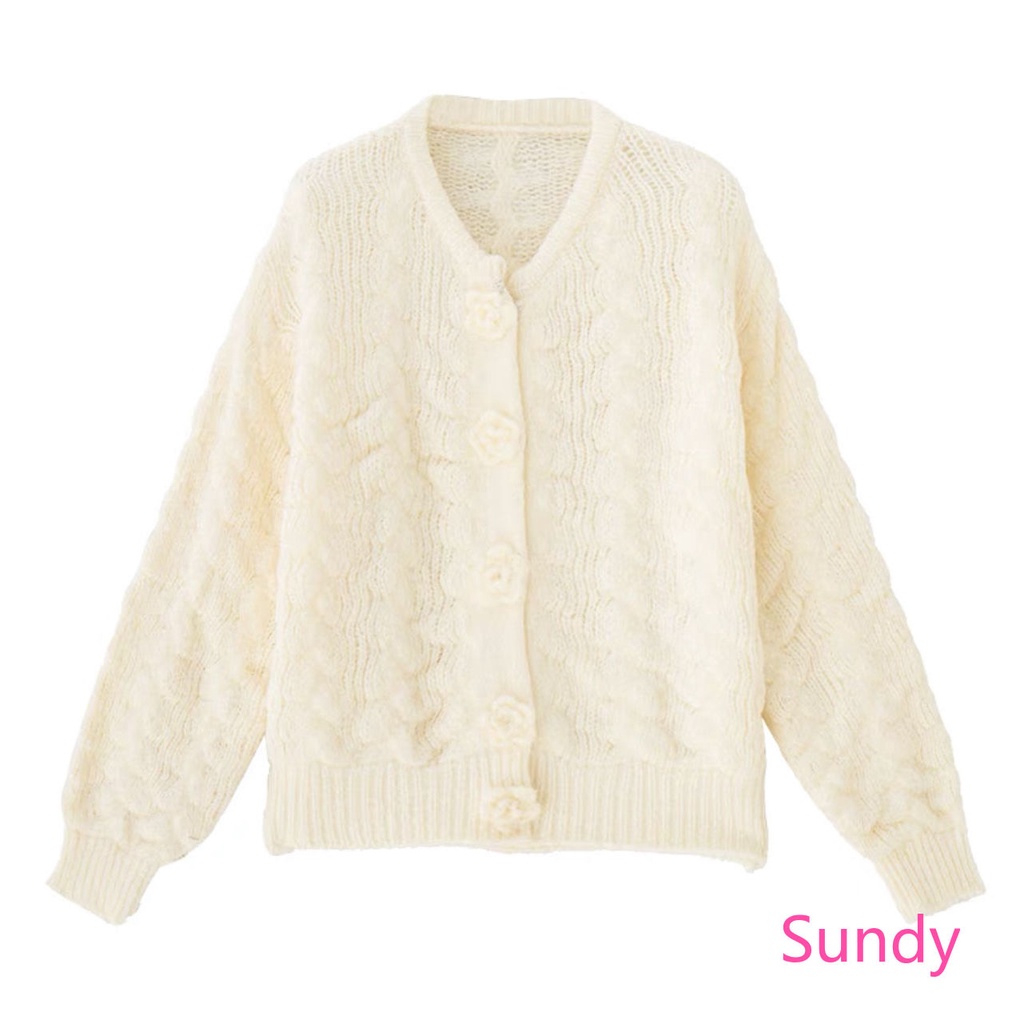 Áo cardigan dệt kim tay dài cổ tròn dáng rộng phối nút thời trang mùa thu cho nữ