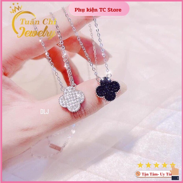Dây Chuyền Nữ ⚡MẪU HOT⚡ Vòng Cổ Bạc, Mặt Cỏ Bốn Lá, Gắn Đá 2 Mặt Cực Xinh, Đeo Được 2 Kiểu Sang Trọng