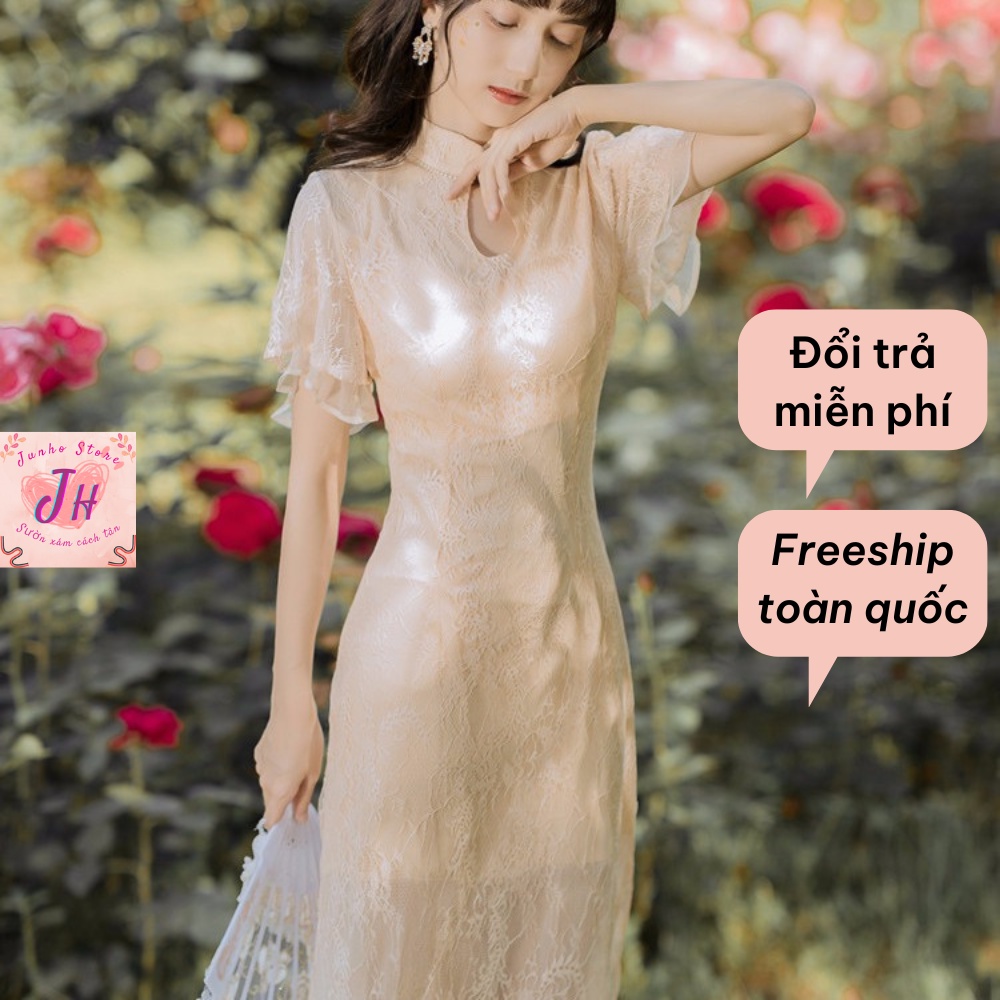 Sườn xám cách tân nữ, váy cách tân, hán phục cách tân, đầm sườn xám vải ren 2 lớp, tay cánh tiên, mùa hè