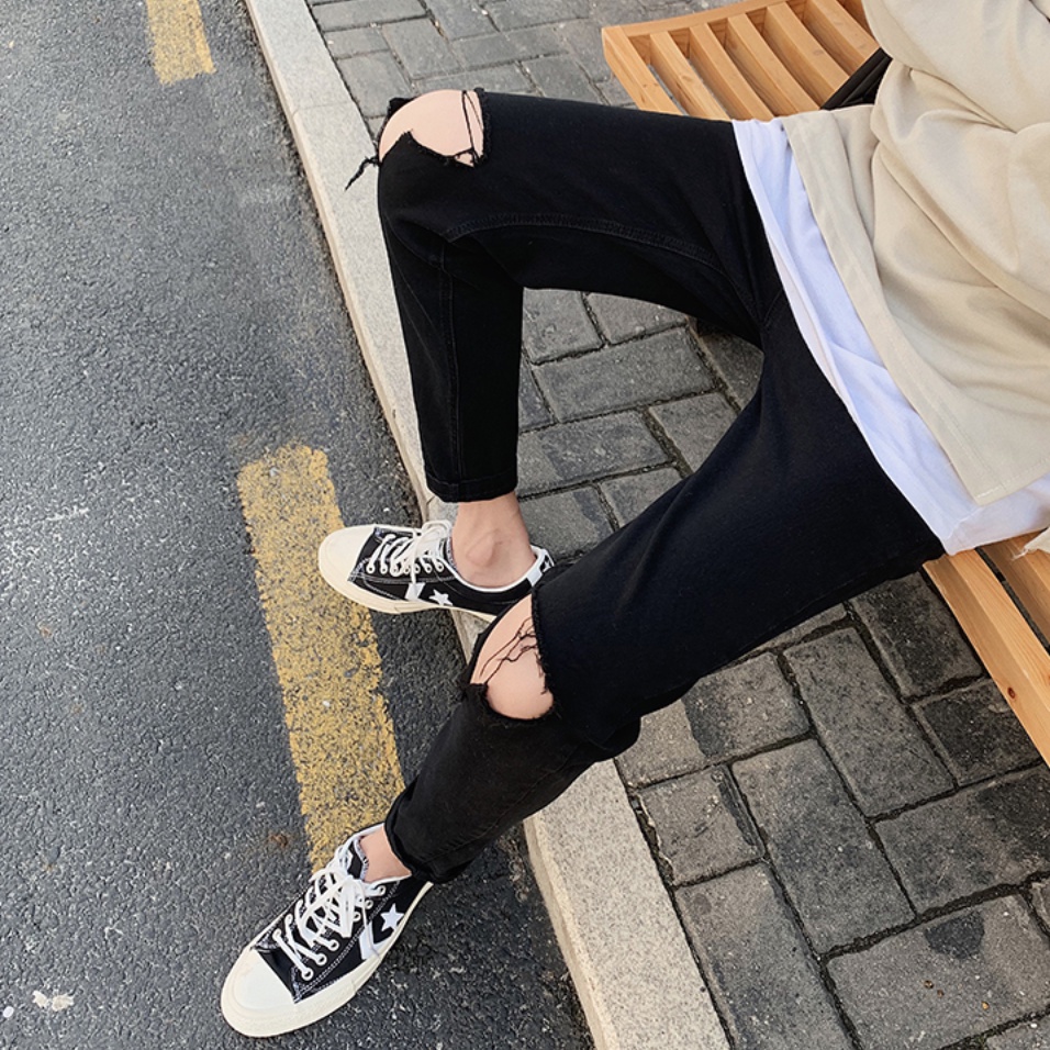 [Tiền Nào Của Đấy]Quần Jeans Nam Rách Gối Màu Đen Vải Co Giãn, Không Phai Màu Dáng Skinny Phong Cách Hàn Quốc-J04