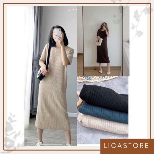 Váy len dáng dài suông cổ tròn cộc tay, váy bầu xinh chất đẹp LICA - V06