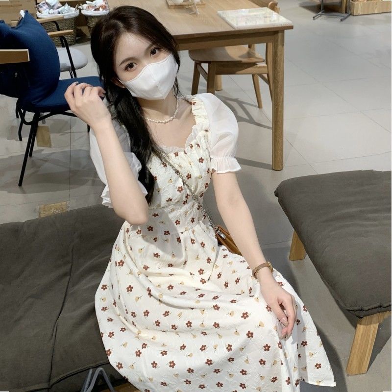 Đầm Hoa Cổ Vuông Tay Phồng Thiết Kế Mới Thời Trang Mùa Hè Cho Nữ