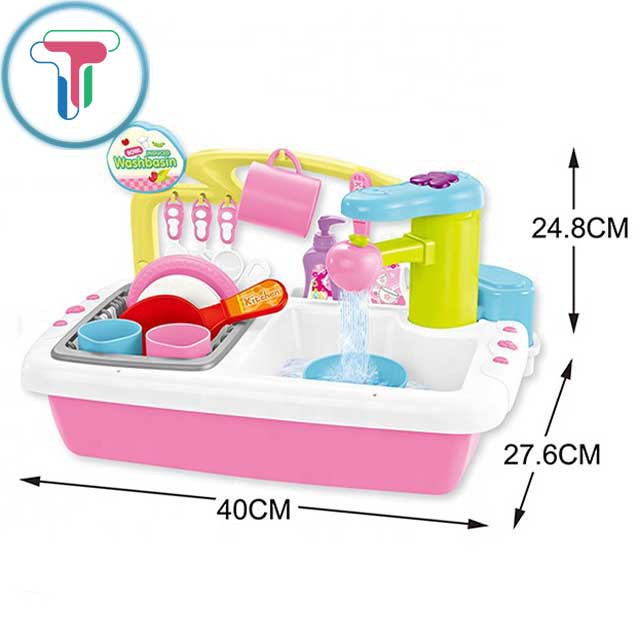Đồ chơi nhà bếp nấu ăn, bồn rửa chén sử dụng nước và có cảm ứng tay tắt mở vòi nước kèm nhiều chén dĩa