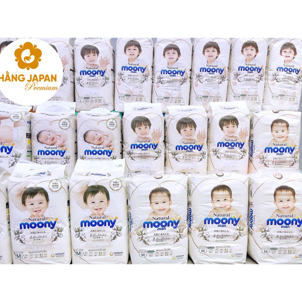 Tã bỉm Moony Natural cho bé từ bông hữu cơ - Dán/Quần NB63/S58/M48/L36