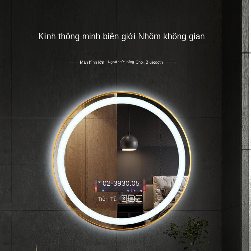 ❐⊙Gương phòng tắm thông minh chống sương mù phong cách Bắc Âu khung tròn nhôm có đèn led với trang điểm nhẹ treo