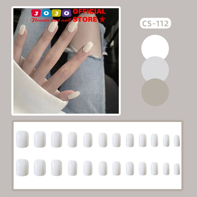 Set 24 móng tay giả màu trắng ngắn vuông Jojo CS112 móng giả nailbox đẹp trẻ trung năng động cá tính có kèm keo tự gắn