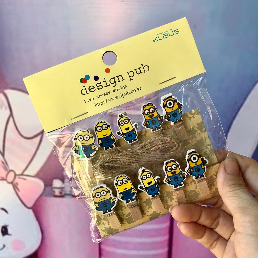 Sỉ set 10 kẹp gỗ nhiều hình dễ thương theo chủ đề (10 kẹp + dây)