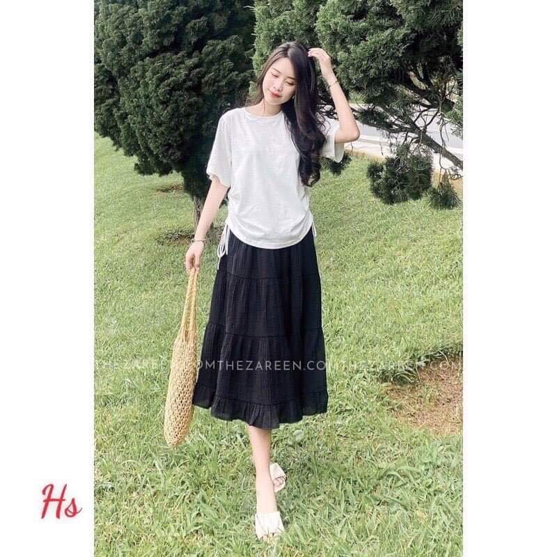 Set áo thun trắng rút dây hông + chân váy đen xoè qua gối đẹp dịu dàng