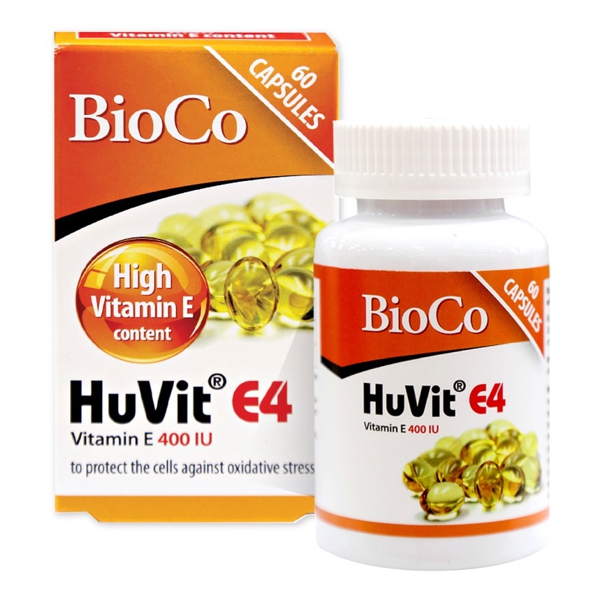 Viên uống vitamin E Bioco Huvit E4 (H/60v) - làm chậm quá trình lão hóa, mờ tàn nhang, vết nám