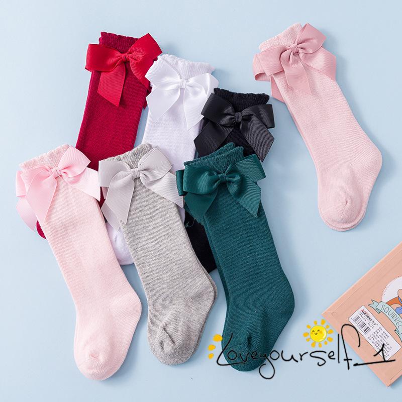 Vớ Cotton Dài Đến Đầu Gối Màu Trơn Đính Nơ Dễ Thương Dành Cho Bé Gái