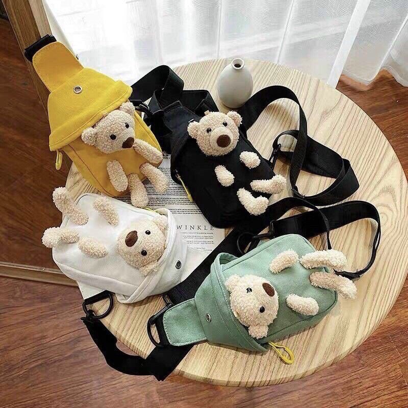 Túi Đeo Chéo Kèm Gấu Bông Như Hình, Túi Tote Gấu Bông Xinh Yêu, Kute - Có lỗ thông tai nghe