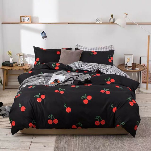 Bộ Chăn Ga Gối Cherry Đen Cotton Poly