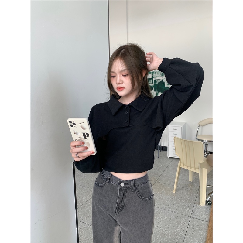 Porozi  Set áo kiểu hai dây và áo polo tay dài cổ bẻ độc đáo thời trang dành cho nữ