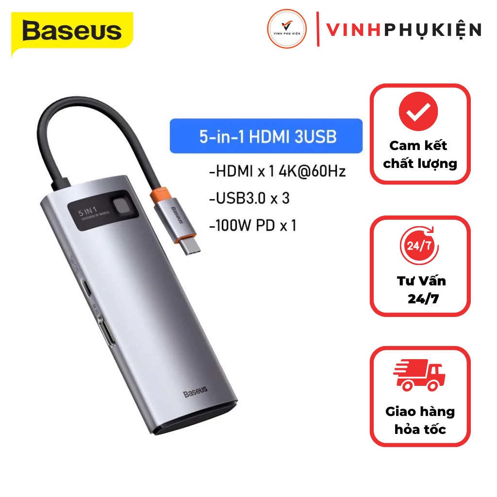 Bộ chuyển đổi hub 5 in 1 typec to hdmi 4k 3 chân usb 3.0 pd 100w cho laptop macbook chính hãng baseus