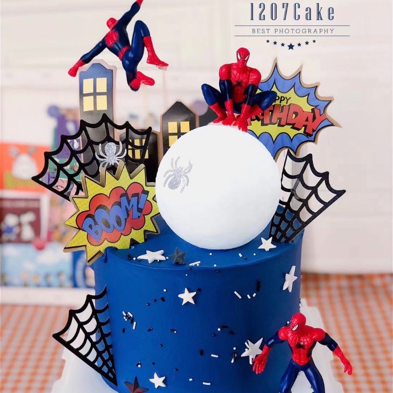 Set Phụ Kiện Trang Trí Bánh Sinh Nhật Hình Người Nhện Dễ Thương Cho Bé Trai