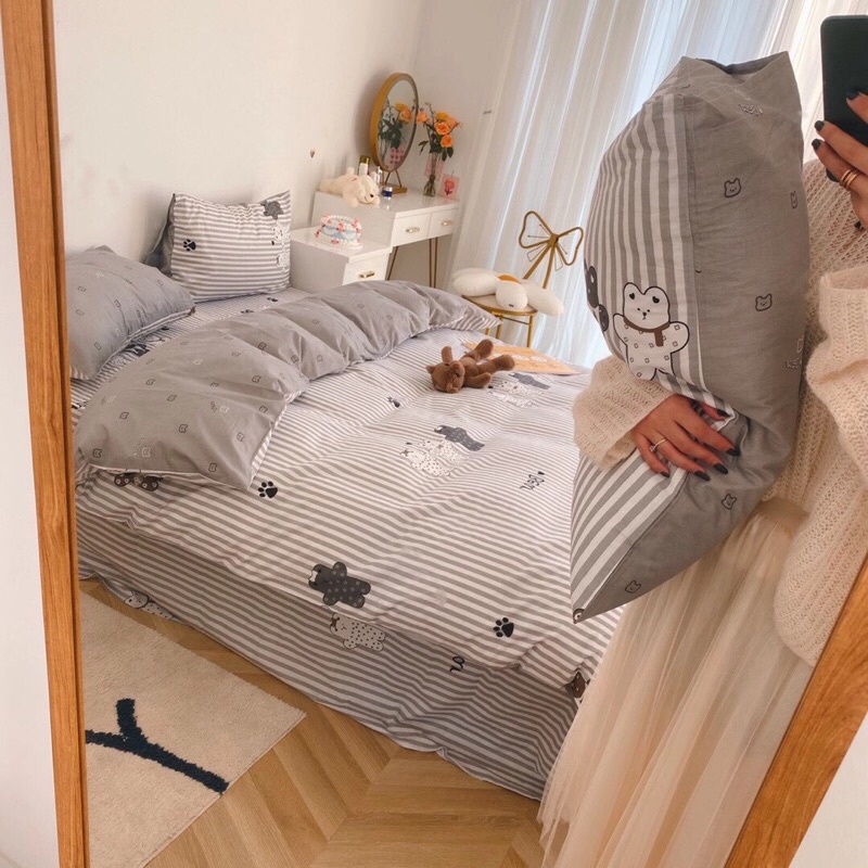 Bộ Chăn Ga Gối ❤️ Cotton living 100% cao cấp đủ size đệm ga giường họa tiết gấu đáng yêu phong cách Hàn Quốc chính hãng