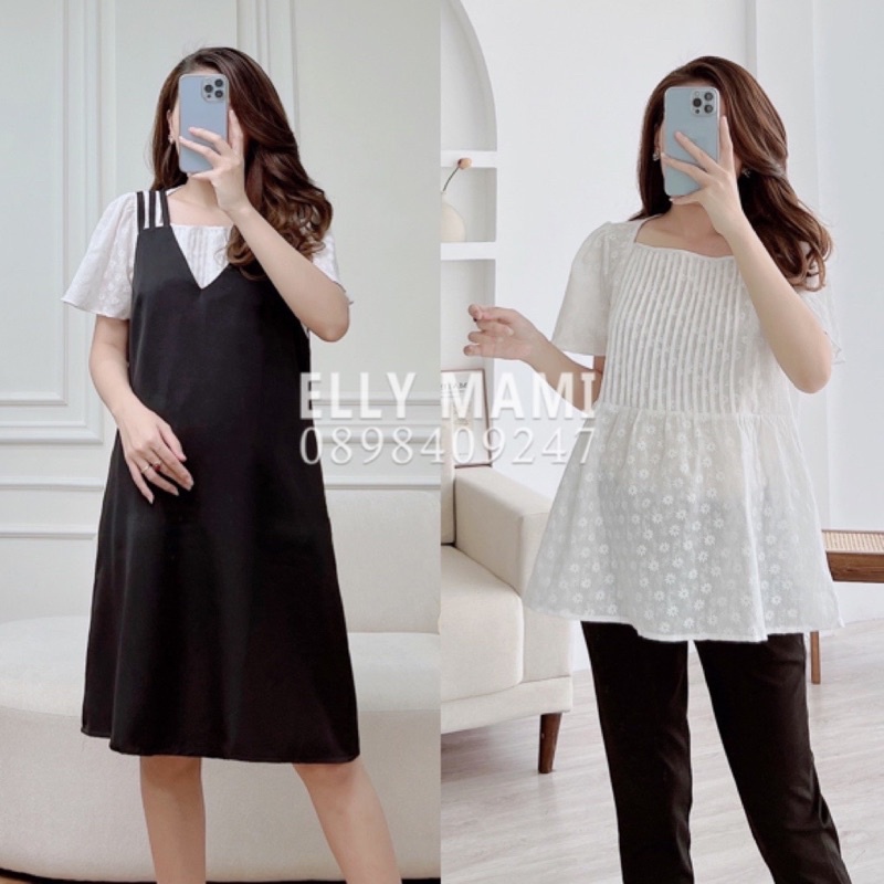 ( 40kg - 95kg ) Set Yếm Bầu , Suông 3 Dây Cổ V Mặc Thoải Mái Suốt Thai Kì & Sau Sinh ( Yếm Kèm Áo)