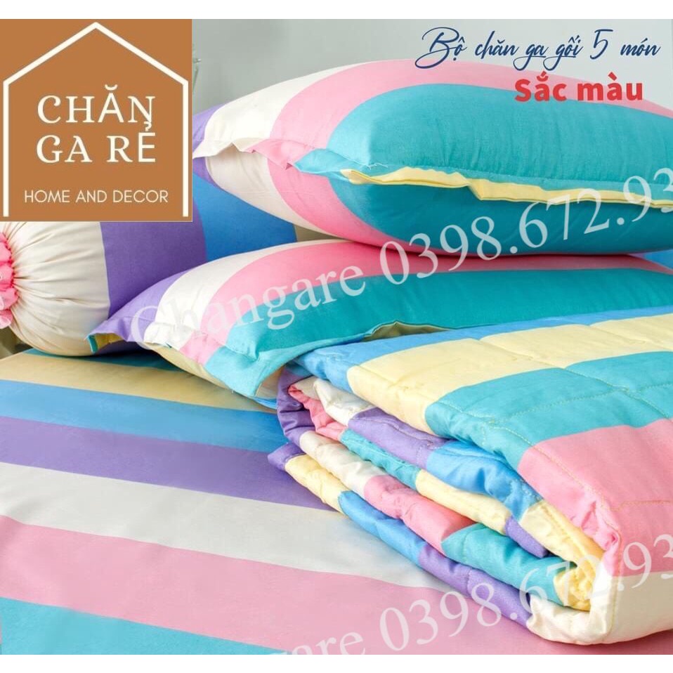 Bộ chăn ga gối 5 món hè cottong poly(1 ga trải giường+2 vỏ gối đầu+1 vỏ ôm+1 chăn hè)m6 m8 2m2