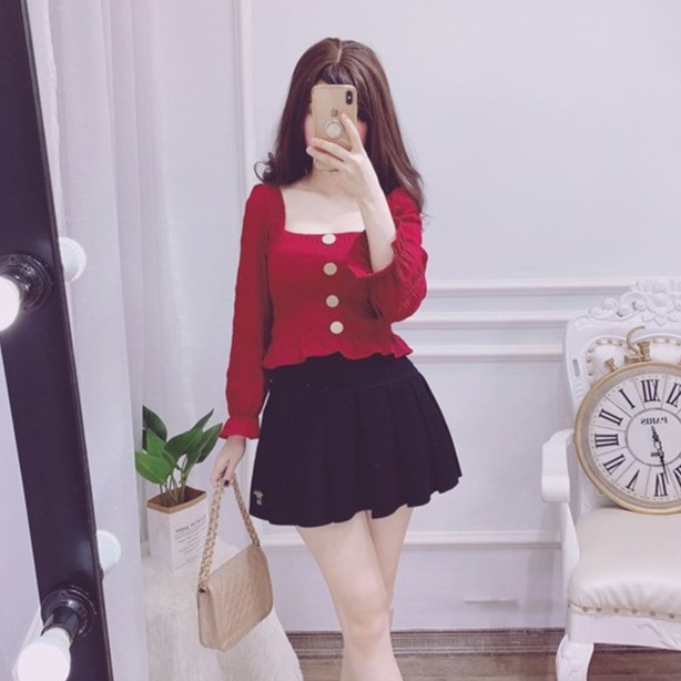 Set Đầm Tay Dài Phối Nút Hai Màu Cá Tính (Đỏ, Trắng) Thời Trang Nữ