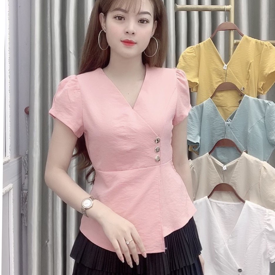 Áo sơ mi nữ kiểu tay ngắn cổ V công sở - 5 Màu: Trắng, Xanh, Hồng, Vàng, Be - A9 - Hanlly Fashion Thời Trang Nữ