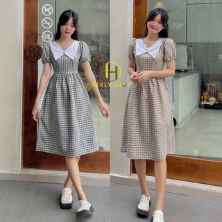 Đầm midi phối cổ đính nút nhúng váy