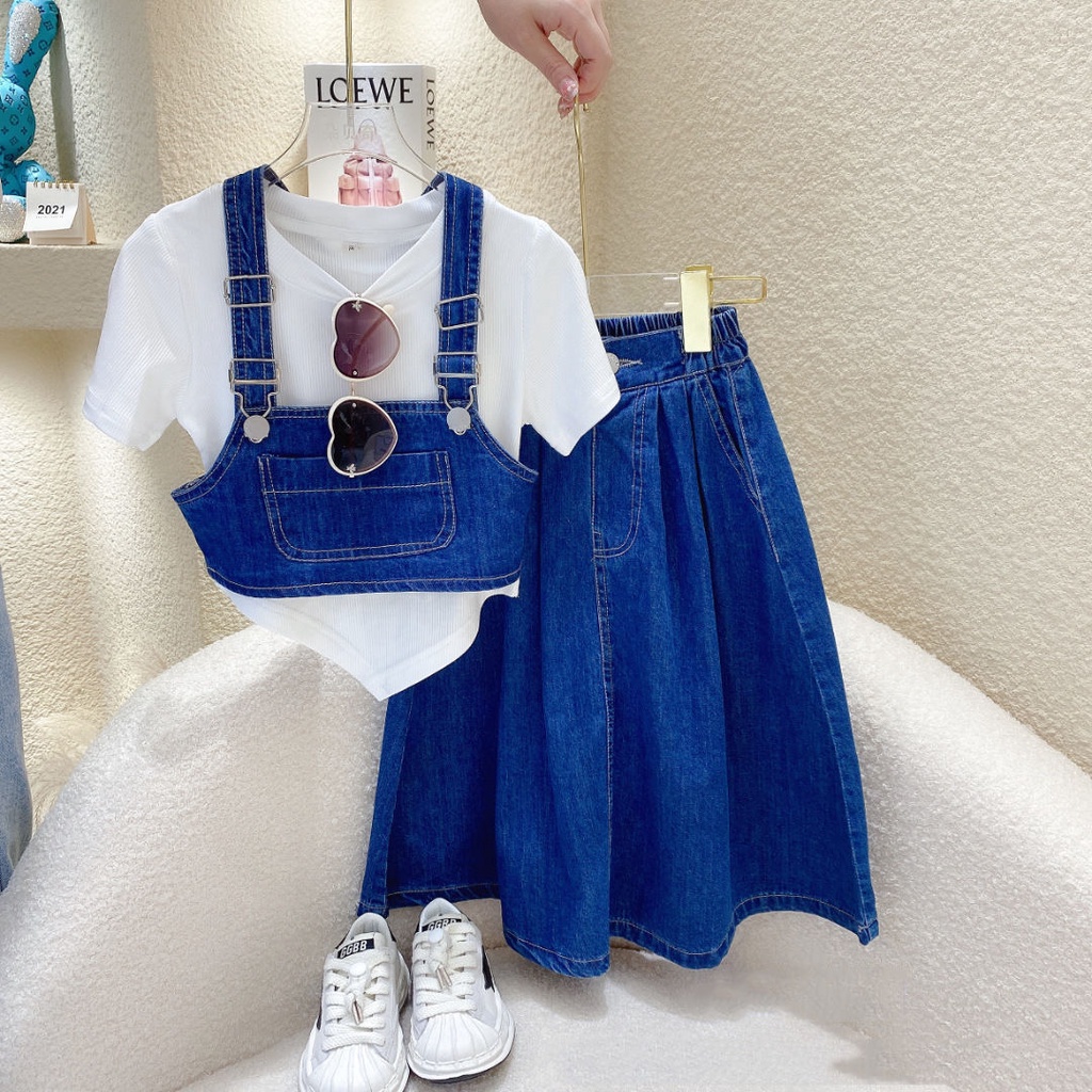 Bộ Áo Denim + Chân Váy Yếm Xếp Ly Phong Cách Thời Trang Mùa Hè Mới Dành Cho Nữ