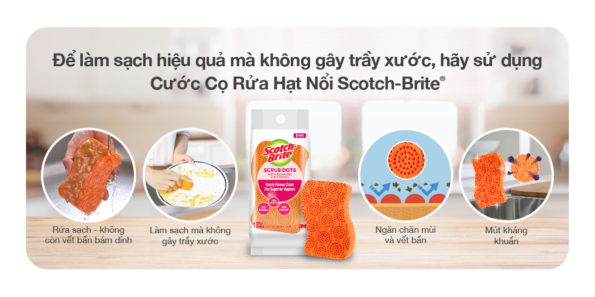 Miếng rửa chén hạt nổi không trầy xước Scotch Brite 3M đa năng, mút kháng khuẩn, không bám cặn màu cam/xanh