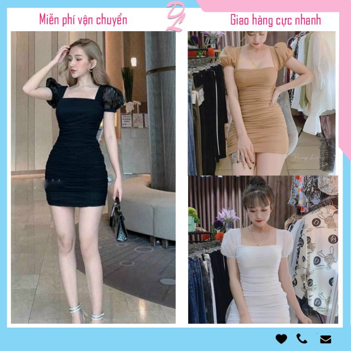 Đầm body nhún phối voan lưới tay ngắn 🔥FREESHIP🔥 váy nữ dự tiệc sexy nhún eo