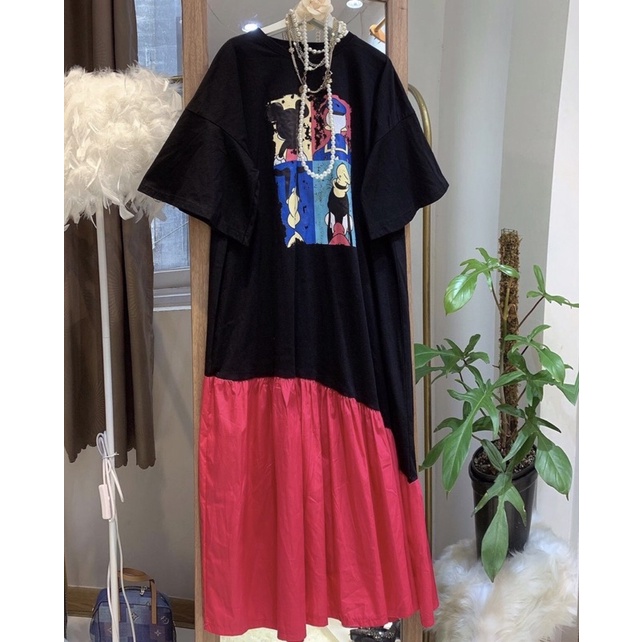 Đầm suông đầm babydoll in hình tay lỡ dễ thương bầu bì bon chen thoải mái,dài qua gối,chất liệu mềm mịn thoải mái