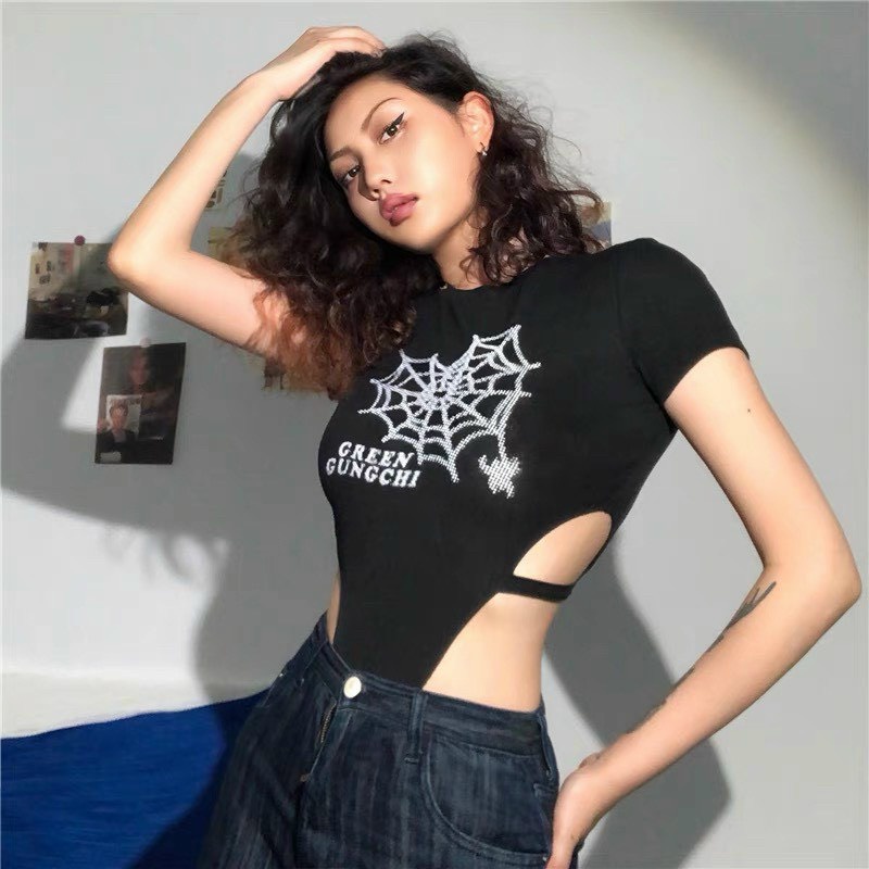 Áo kiểu body suit in hình mạng nhện cực xinh và sexy , chất thun gân mềm mịn co giãn thoải mái