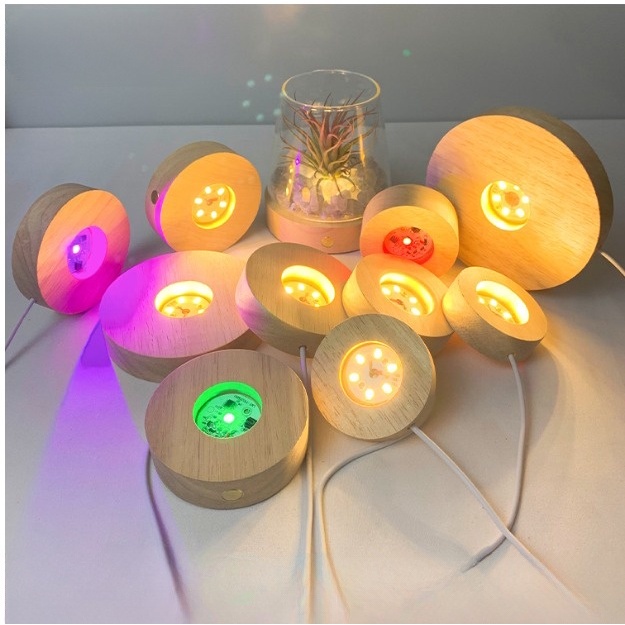 Đế Chân Đèn LED Bằng Gỗ, Đế Giắc Cắm USB, Trưng Bày Đồ Thủy Tinh, Pha Lê hoặc Quả Cầu Pha Lê