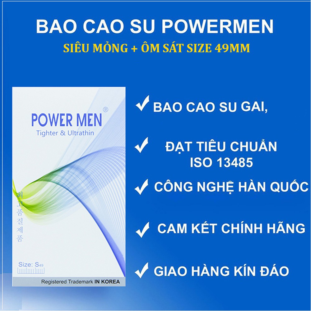 Bao cao su Powermen size nhỏ 49mm, có gai, ôm sát Hộp 03 bcs