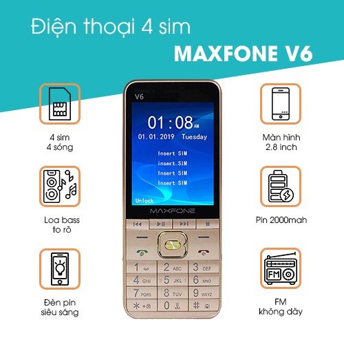 [Mới Fullbox] Điện thoại 4 sim Maxfone V6 CPU: MTK6261D Bộ nhớ trong: 32MB + ROM 32MB Màn hình: 2.8 inch Pin 2000 mAh