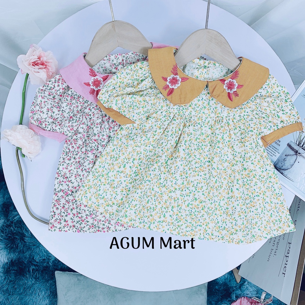 Set Bộ Hoa Nhí Bé Gái Cổ Bèo Thêu Hoa Quần Đính Nơ S01 AGUM MART Siêu Xinh Cho Bé Từ 9-20kg