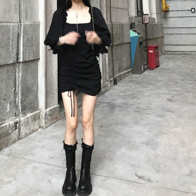 Đầm ôm tay dài cổ vuông thiết kế dây rút xinh xắn thời trang phong cách Hàn Quốc | BigBuy360 - bigbuy360.vn