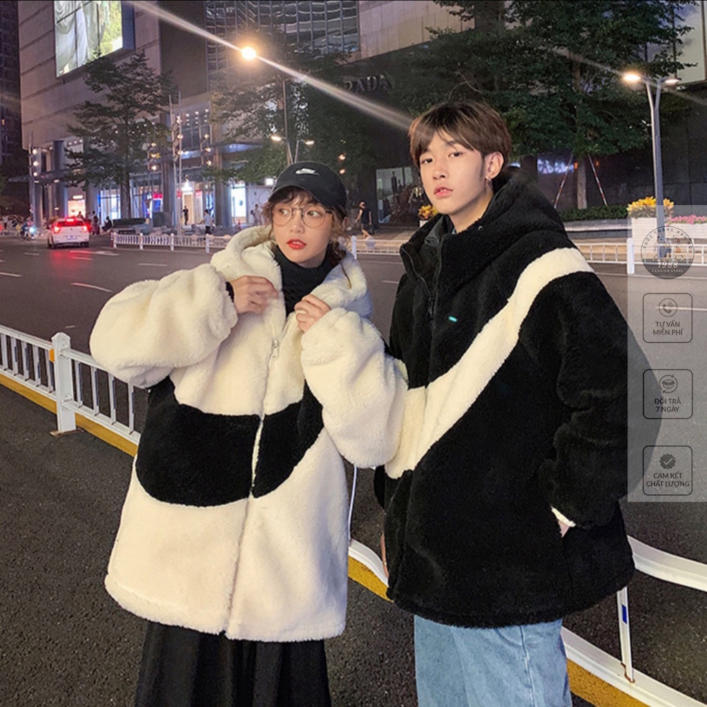 Áo Khoác Lông Cừu Phối Màu Đen Trắng, Áo Hoodie Lông Cừu Unisex Dáng Rộng